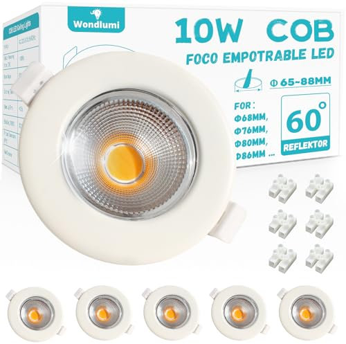 Wondlumi Conjunto de 6 Focos Empotrables LED 230V 10W, Luces LED Blancas Redondas, Focos de Techo 2700K Blanco Cálido, Luces Empotradas Ø65-88mm 850LM para Cocina y Sala de Estar