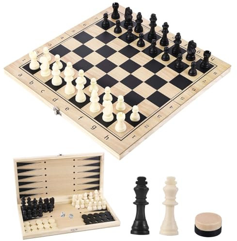 Scacchiera in Legno 3 in 1 Pieghevole, Scacchi Portatili, Backgammon e Dama per Bambini e Adulti, Ideale per Feste, Viaggio e Attività Familiari (29 * 29 cm)