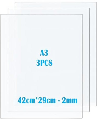 Taiyeestar 3 placas de plástico A3 de 42 x 29.7cm, acrílico transparente, 2 mm de grosor, placa acrílica transparente para decoración de hogares, pantallas, marcos de fotos, pintura