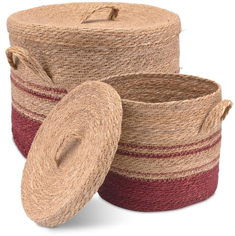 Decorasian Lot de 2 paniers en jonc de mer avec couvercle - Panier à linge tressé - Paniers décoratifs de rangement de style bohème