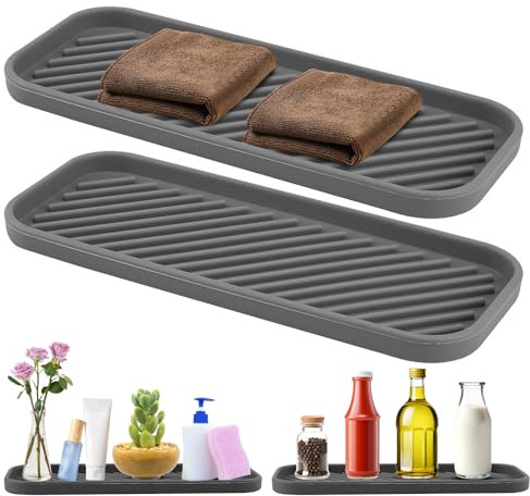 TAIHOBO 2PCS Silicone Kitchen Sink Organiser, Silicone Kitchen Tray Soap Tray, Non-Slip Bathroom Tray Organiser Kitchen Sink Sponge Holder for Cups Detergent, Brushes or Potted Plants (Grey)