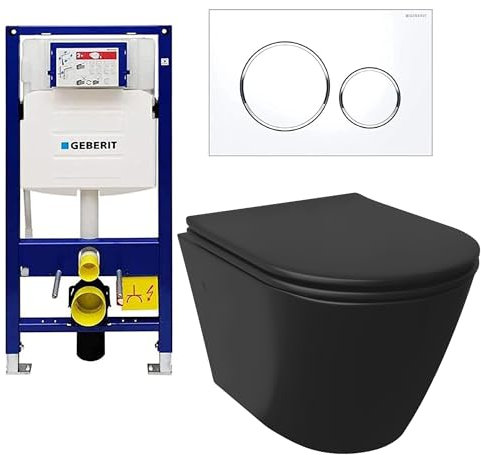 Alpenberger Schwarze Toilette Badezimmer Set | Klo mit WC Deckel mit Absenkautomatik | WC mit Spülkasten Komplettset | Geberit Vorwandelement Komplettset mit Betätigungsplatte
