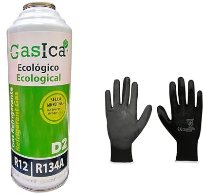 Genérico Gasica D2 226g. (Pack Botella + Guantes de Protección) Botella Refrigerante Orgánico Ecológico Sustituto del R12 y R134A para Recarga de Aire Acondicionado Coches