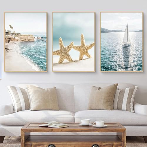 Herfair 3-teiliges Poster Set Strand Meer Moderne Wandbilder Wohnzimmer Schlafzimmer Deko Kunst Bilder Leinwand Wall Decor ohne Rahmen (21x30cm,A)