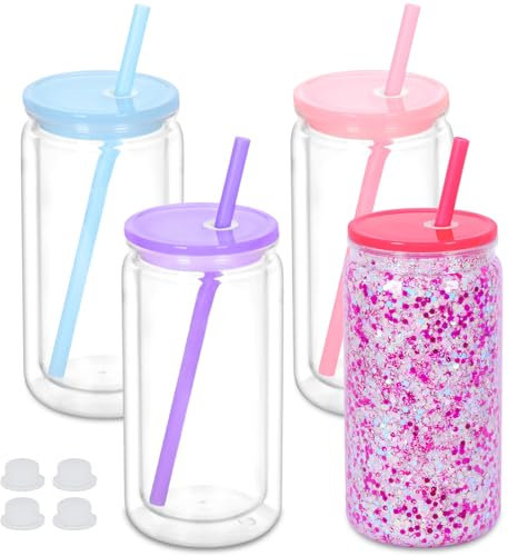 Maucircol Lot de 4 gobelets en plastique transparent à double paroi pré-percée pour boule à neige pailletée - 473 ml - Avec couvercle coloré