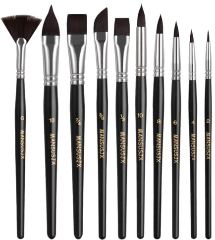 MANSUSJX 10PCS Pastel Watercolor Brushes Set, Professional Water Color Paint Brush, Pointed Round, Fan, Cat Tongue, Liner, Dagger, Wash for Watercolor Acrylic Ink Gouache Tempera