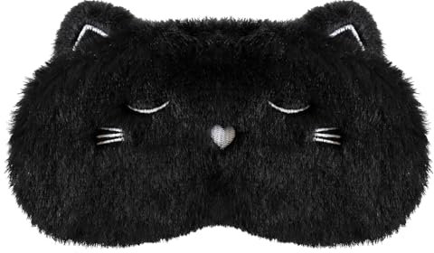 VerteLife Schlafmaske, Weiche Flusen Augenmaske Reisen Nickerchen Augenbinde Neuheit Cartoon Schlafen Augenmaske Augenabdeckung für Kinder Erwachsene Jungen und Mädchen (Katze,Schwarz)