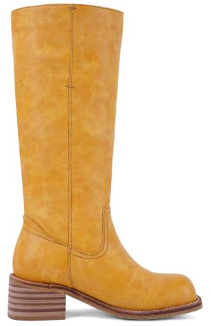 UBWDU Banana Wide Calf Knee High Boots for Women Chunky Heel Block Long Tall Boots Low Heel Square Toe Platform Campus Boots Size 9