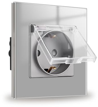 JIMEIDA Bases à encastrer en verre 1 prise grise 16 A avec couvercle étanche 86 x 86 mm, 250 V