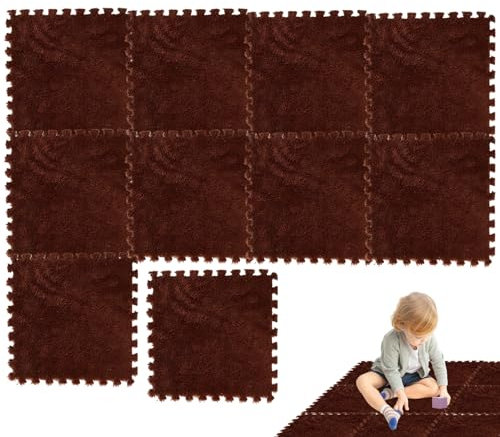 Interlocking Foam Tiles Carpet Tiles 10PCS 12x12 Inch Plush Carpet Squares Non-slip Interlocking Floor Mats Soft EVA Foam Floor Tiles Cuttable Foam Mats for Kids Room, Porch, bedroom Coffee