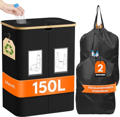Lifewit Recolector Botellas con Tapa, 2 Compartimentos Contenedor de Clasificación Selectiva para Botellas de Plástico y Vidrio, Contenedor Reciclaje, Almacenamiento Cocina, Negro150 L