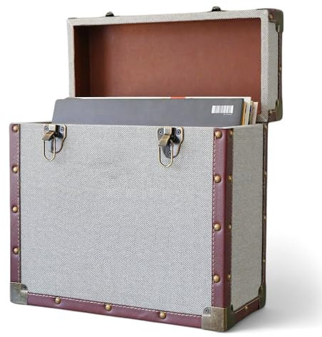 Steepletone 12 Vinyl Record Storage Box Case, with Carry Handle, Luxury Fabric and Leather Finish, Holds up to 45 LP's (Grey Cloth & Brown Leather)
