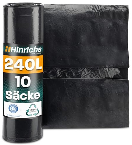 Hinrichs Bolsas de basura extrafuertes de 240 l, rollo de 10 unidades, bolsas de basura XXL, 100 x 125 cm, LDPE, eliminación de basura perfecta para el hogar, jardín, comercio, construcción, 10 bolsas