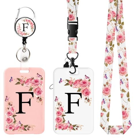 2 pièces Porte Badge avec Lettres A-Z, Lanière Détachable et Clip Rétractable, Porte Cartes Personnalisé avec Enrouleurs de Badge pour Femmes Infirmières Enseignants Étudiants Bureau (F)