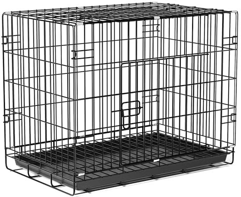 Dog Crate Large Size, Heavy Duty Sturdy Folding Pet Cage, Dog Cage with 2 Doors(Front Door and Skylight), Removable Plastic Base Tray-Easy Cleaning (90x56x65cm)