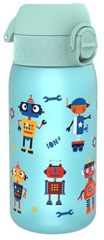 Ion8 Botella de Agua para Niños, 350ml, a Prueba de Fugas, Fácil de Abrir, Cerradura Segura, Apta para Lavavajillas, Sin BPA, Asa de Transporte, Fácil de Limpiar, Neutro en Carbono, Diseño Robots