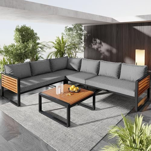 Merax Gartenmöbel Set 6 Personen, Lounge Sitzgruppe Outdoor mit Sofatisch & Einzelsofa & Kissen, Ecksofa-Set aus verzinktem Eisen & Holz, für Garten Balkon Terrasse, wetterfest Gartenlounge Set, Grau