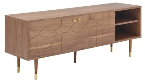 Vente-unique - Meuble TV avec 2 Portes et 2 niches placage Noyer - Naturel et doré - PARIOMA