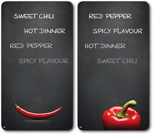 KESPER | Multi-Glasschneideplatte 2er Pack | Material: Glas | Maße: 52 x 30 x 0.5 cm | Motiv: Chili | Herdabdeckung für alle Herdarten | ideale Herdabdeckplatte für jede Küche