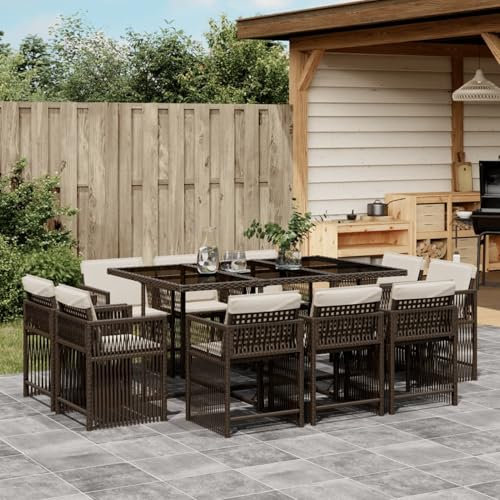 Iiaky 11-TLG. Garten-Essgruppe mit Kissen Sitzgruppe Outdoor TerrassenmöBel Terrassen-Sitzgruppe Garten-Essgruppe Braun Poly Rattan // 3211749