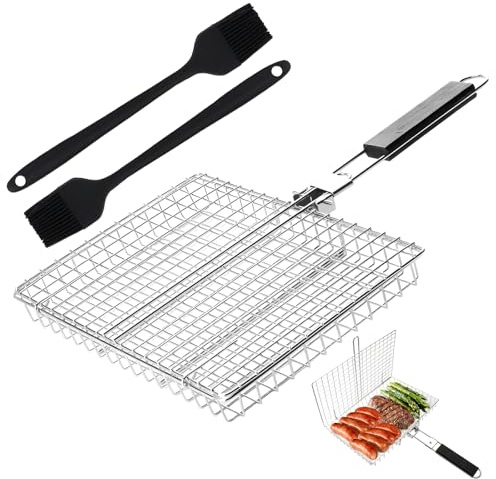 Vaskula Grille Barbecue Pliable Griller Panier Robuste Panier de Barbecue avec Poignée Brosse en Silicone Accessoires Barbecue pour Le Camping et Les Grillades en Plein Air Poisson Légumes Viande