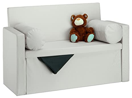 Relaxdays Sitzbank mit Lehne, 2 Kissenrollen, faltbar, Aufbewahrung, gepolstert, Flur, Sitztruhe 75 x 115 x 47 cm, Grau, Creme