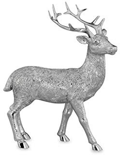 Kleine stehende Kunststein Deko Hirsch Figur - silbern glänzende Jagdfigur mit Geweih - Silberglanz Weihnachts-Deko zum Hinstellen Höhe 20 cm