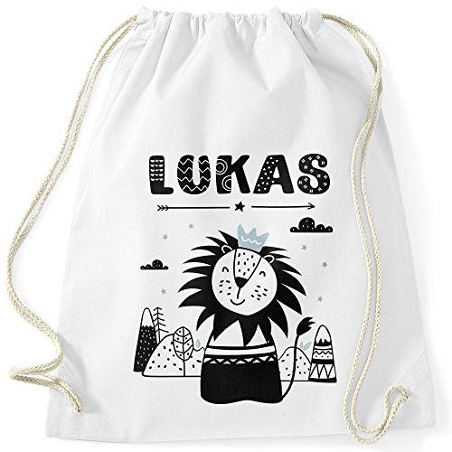 SpecialMe® Kinder Turnbeutel personalisiert mit Name Löwe Tier-Motiv Namensaufdruck Jungen weiß Unisize