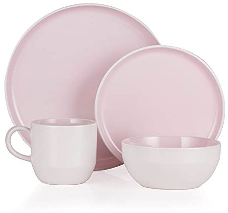 Barbary & Oak BO867004PNK Oslo Geschirrset, 16-teilig, Steingut, Weiß und Puderrosa, Steinzeug, Pink/Limonade