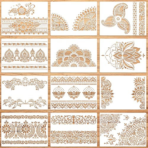 Pochoirs pour Bordures de Fleurs, Pomeloone 12 Pièces Pochoirs Mandala Réutilisables pour Peindre Sur Les Murs, Les Planchers en Bois, Les Meubles et La Décoration Intérieure