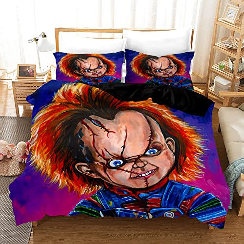 PTNQAZ Puppen-Horror-Puppen-Bettwäsche-Set mit 3D-bedruckten Bettbezügen mit Kissenbezügen, Spielkind-Motiv, Chucky-Puppe, Bettbezüge (Einzelbett, 2)