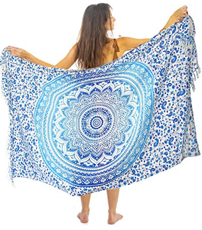 Blauer Strandtuch Mandala Mit Fringe Hochwertiger Rayon Groß Strand Pareo Sarong Damen Wickeltuch Wickelrock Strandrock Tapisserie Wickeltuch Bikini Cover Up Tragen Über Badeanzügen