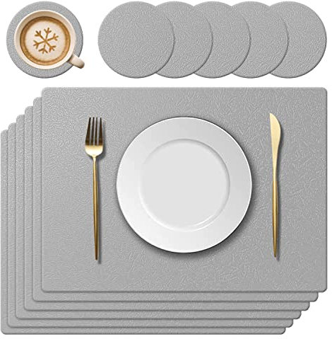 KERYCHIN Washable Silicone Placemat and Coaster, Heat Resistant 450 °F, Non-Slip and Waterproof, Easy to Clean for Dining Room, Kitchen, Hotel, 40 x 30 cm, 12 Pieces, Light Grey