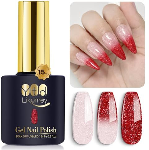 YTD Likomey UV Nagellack Farbwechsel Thermo Farbgel,15ml Hellrosa Roter Glitzer Gel Chamäleon Shellac Nagelgel UV/LED Color Change Gellack,WB212