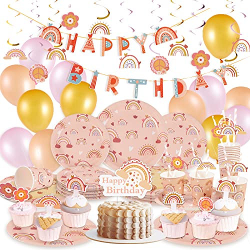 116 Piezas Boho Rainbow Party Tableware, Platos de Papel para Cumpleaños de Niños, Incluye Vasos de Papel Servilletas Pajitas Platos de Papel, Remolinos, Cake Toppers, Banners, Globos para Baby Showe