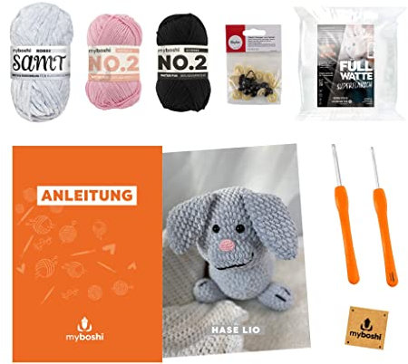 myboshi Häkelset Kuscheltier Hase Lio Langohr, inkl. Samt, No.2 Wolle, Häkelnadeln, Füllwatte, Sicherheitsaugen, Anleitung Label, 100% Polyester, Grau mit Häkelnadel