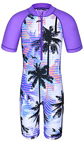 HUAANIUE Filles Maillot de Bain 1 Pièce 2-12 Ans, Anti-UV UPF 50+ Manches Courtes, Fermeture Éclair Frontale, Imprimés Colorés, Idéal pour Plage et Piscine (S345-Arbre Violet, 11-12 Ans)