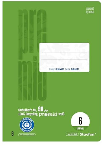 Staufen premio Schulheft - 10 Hefte je 16 Blatt, DIN A5, Lineatur 3 (14 Doppellinien), 90 g/m² Recyclingpapier, runde Ecken verhindern „Eselsohren“