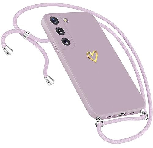 Neivi Hülle für Samsung Galaxy S22, Herz Motiv Muster, Handykette mit Band, Lila, Silikon, Kettenhülle, Abnehmbare Kette