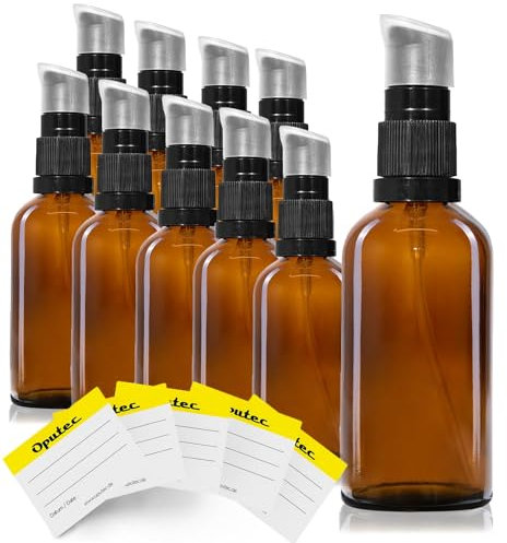 Oputec 10 x 50 ml Reise-Pumpspender Pumpflaschen aus Braunglas + 10 Etiketten - Kleine Mini Flaschen Cremespender Lotionspender zum Befüllen