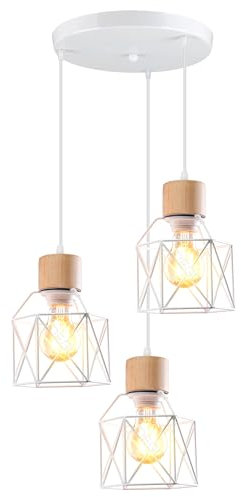 iDEGU 3-flammig Hängelampe Vintage aus Holz Metall Lampe im Industrie Design Käfig Lampenschirm E27 Deckenleuchte Retro Pendelleuchte für Esszimmer, Schlafzimmer, Küche, Flur (Holz, Rondell, Weiß)