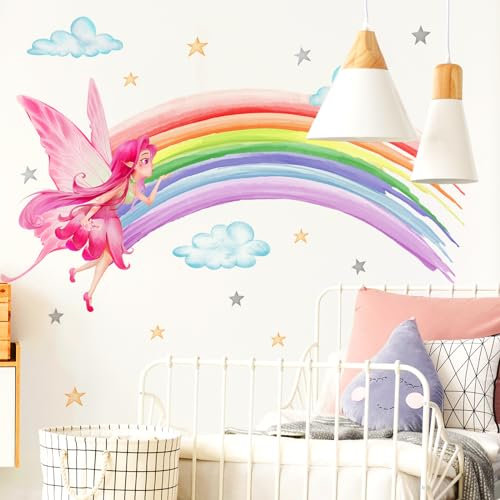 WandSticker4U®- Wandtattoo FEE REGENBOGEN rosa/pink groß (120x80 cm) I Wandsticker Mädchen Regenbogen Fee Prinzessin Wolken Sterne Rainbow bunt I Wandaufkleber Kinderzimmer Deko Mädchen XXL