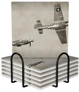 Untersetzer für Getränke, 6er-Set, Keramik-Untersetzer mit Metallhalter, 2. Weltkrieg, Flugzeug, Flugzeug, Getränkebecher, Matte, Korkrückseite, Steinuntersetzer zum Schutz der Tischplatte, Heimdeko