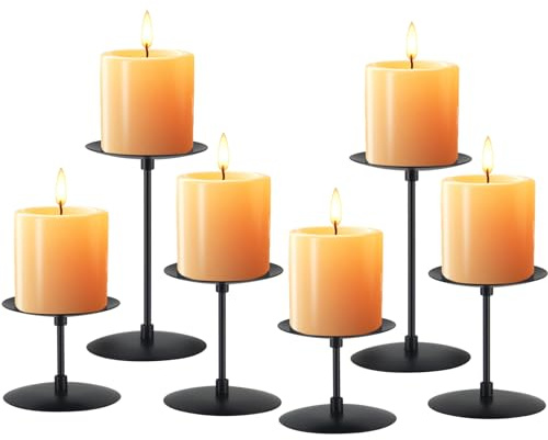 Lunhoo Set of 6 Candle Holders, Metal Pillar Candle Stand for Tabletop Wedding Party Event Birthday Anniversary (Black)