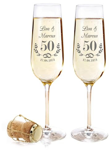AMAVEL Sektgläser Set zur Goldhochzeit, Goldene Hochzeit Geschenke, Personalisierte Gläser, Sektglas mit Gravur 2er Set, 50 Hochzeitstag Geschenk, Champagner Gläser, Geschenke zur Goldhochzeit