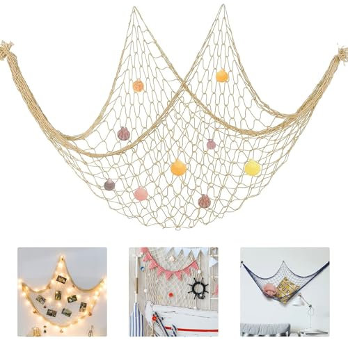 Yuiwy Fischernetz Deko mit Muscheln,150 x 200 cm Dekonetz Outdoor Indoor Mediterrane Stil Deko für Aufhängen Hintergrund Wohnzimmer Fotowand Wand Deko Wandbehänge Urlaubbsfeeling