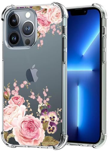 Jhxtech Phone Case for iPhone 13 Pro Max Case 6.7 Apple 13 Pro Max girls women, Slim Shockproof Clear Floral Pattern Soft Flexible TPU Protective Cover for iPhone 13 Pro Max Rose Flower
