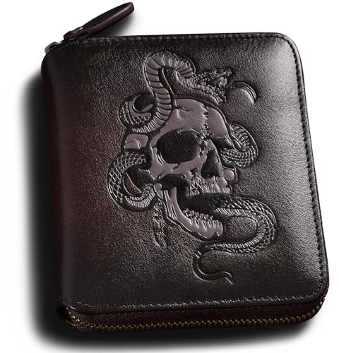 skneephate Herren-Geldbörse mit Reißverschluss, Totenkopf-Ledergeldbörse mit Münzfach, multifunktional, RFID-Blockierung, Geschenke für Ihn, Kaffee, Retro