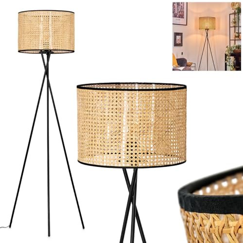 Stehleuchte Ramila, Stehlampe aus Metall/Rattan in Schwarz/Natur, Leuchte im modernen Design mit rundem Schirm (Ø 40 cm) u. Fußschalter, Höhe 156 cm, 1 x E27, ohne Leuchtmittel