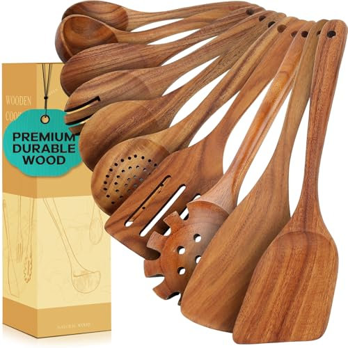 Teak Wooden Kitchen Utensil Set - Non-Toxic Wood Cooking Utensils, Wood Utensils, Wooden Utensil Set (10PCS), Heat-Resistant for Home Kitchen